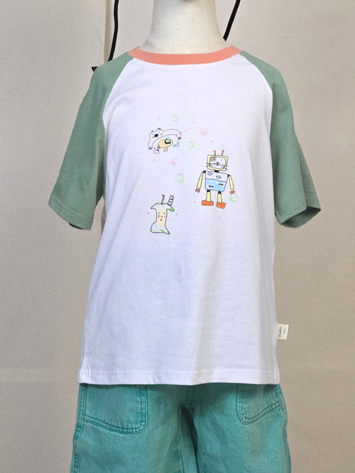 Cartoon Robot Graphic T-Shirt – Contrast Sleeves