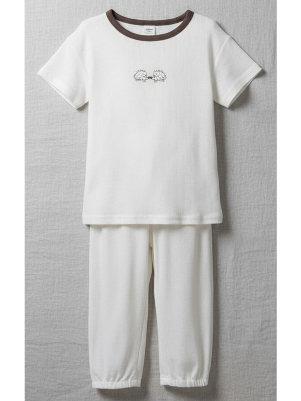 White hedgehog graphic tee cream jogger pants set kids brown trim comfortable unisex children's clothing Australia
