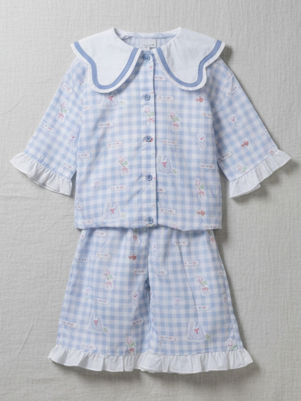 Blue gingham sailor collar button-up shorts set girls floral embroidery ruffle details quality children's clothing Australia summer outfi