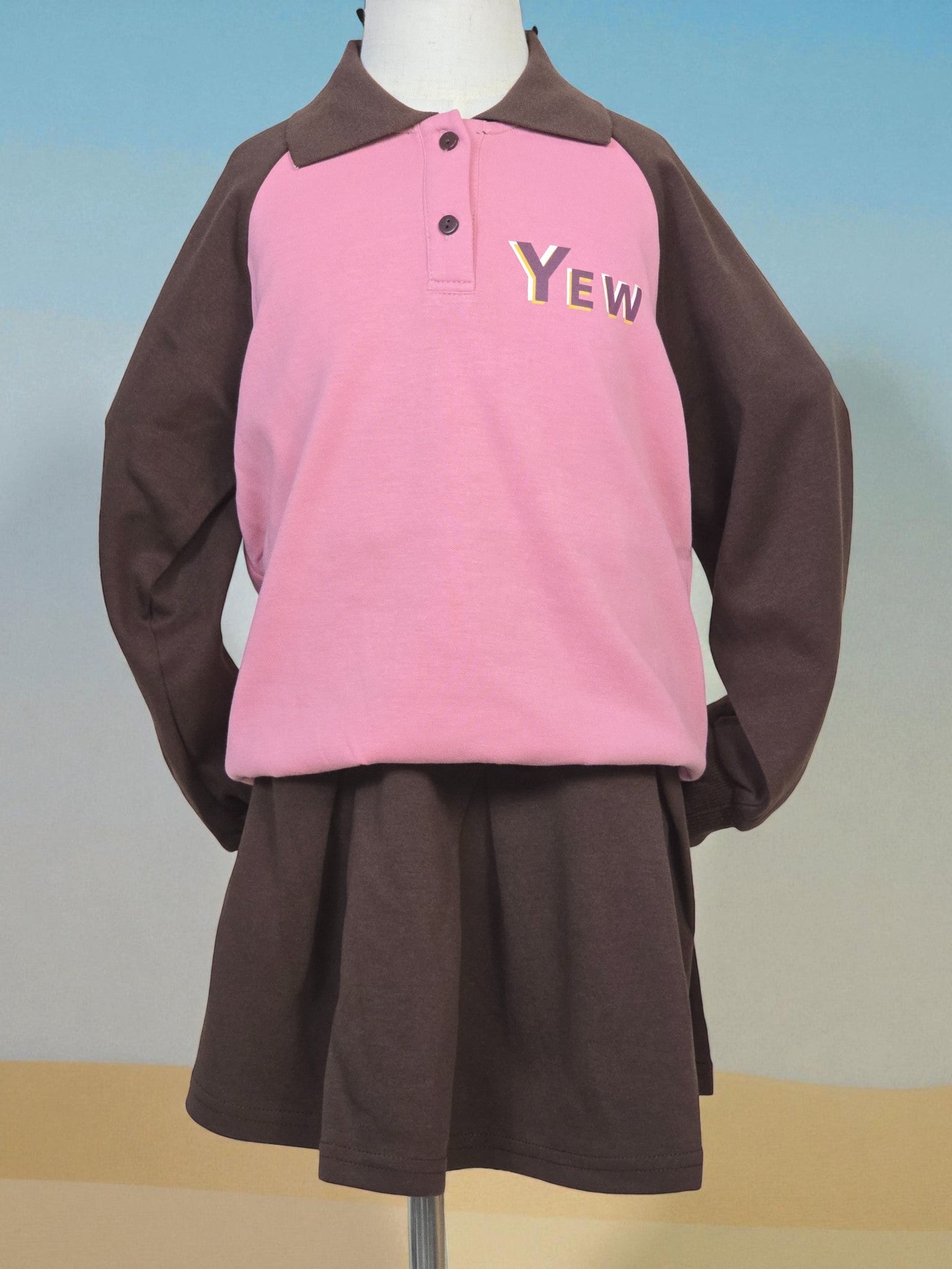 Pink & Chocolate Long Sleeve Polo Skirt Set