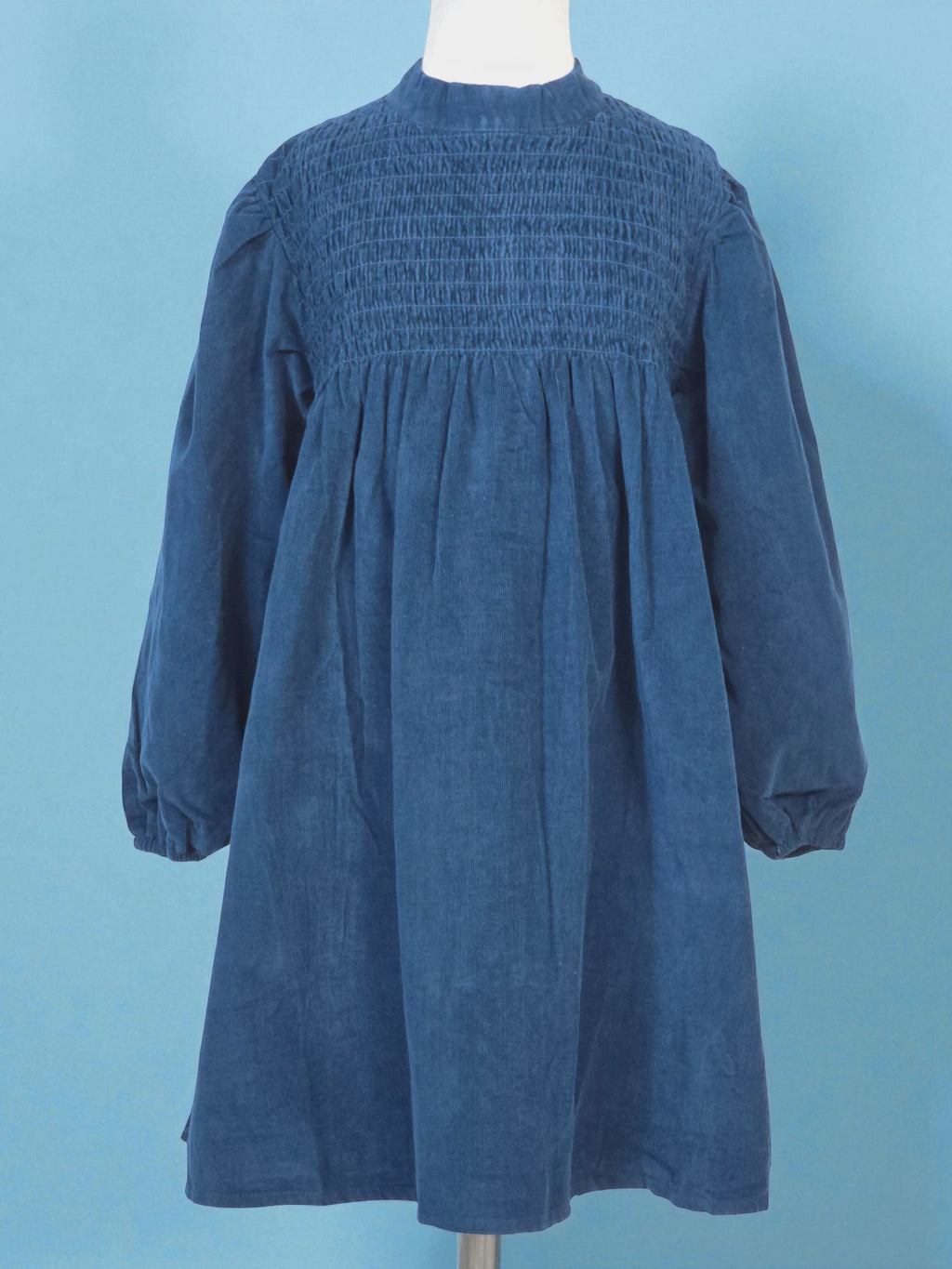 Navy Long-Sleeve Smocked Corduroy Dress