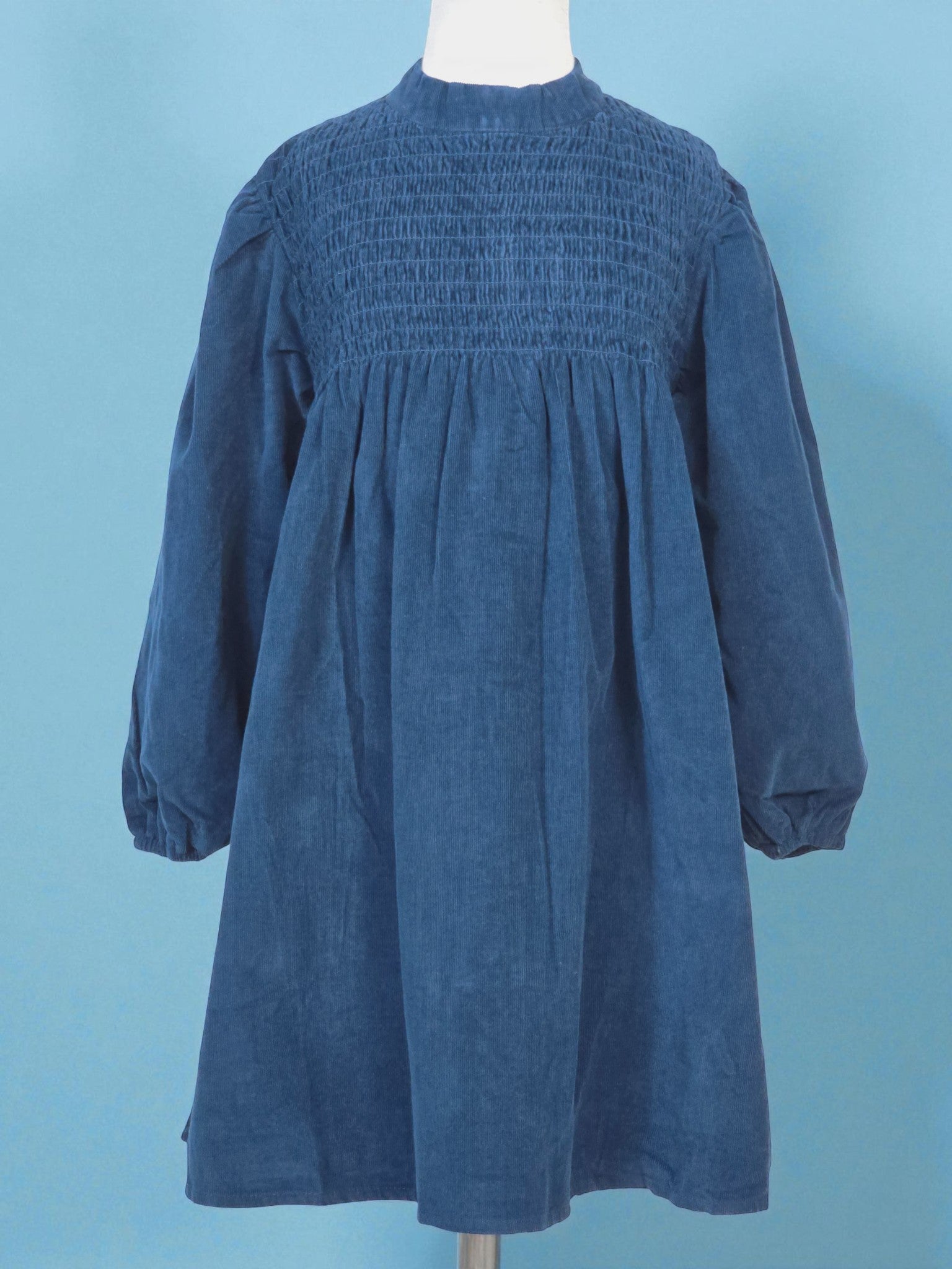 Navy Long-Sleeve Smocked Corduroy Dress