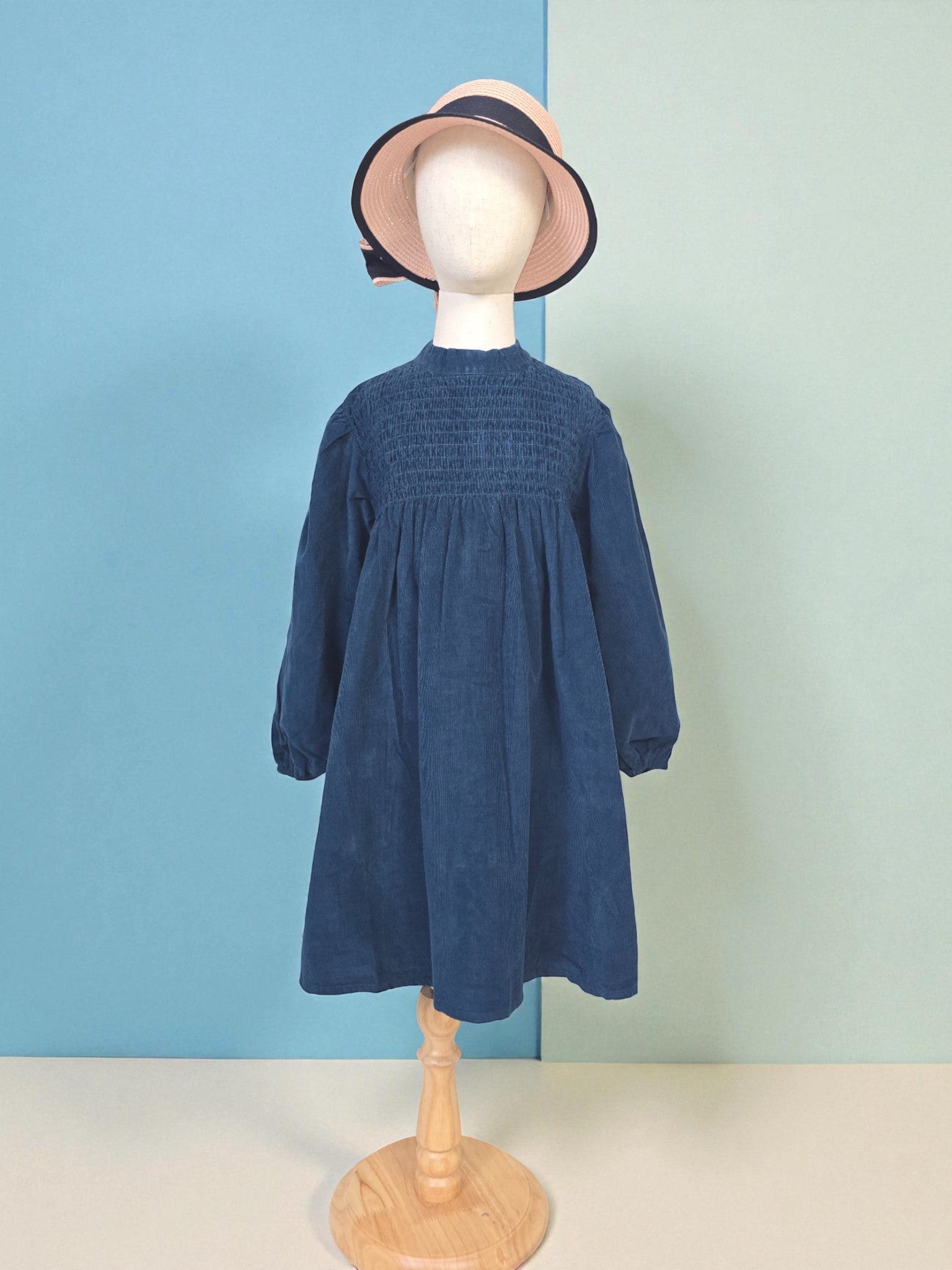 Navy Long-Sleeve Smocked Corduroy Dress