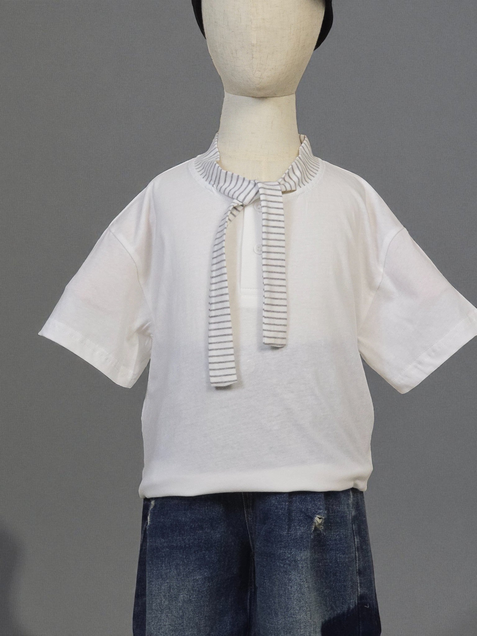 Striped Tie Collar Tee - White Oversized Unisex Top
