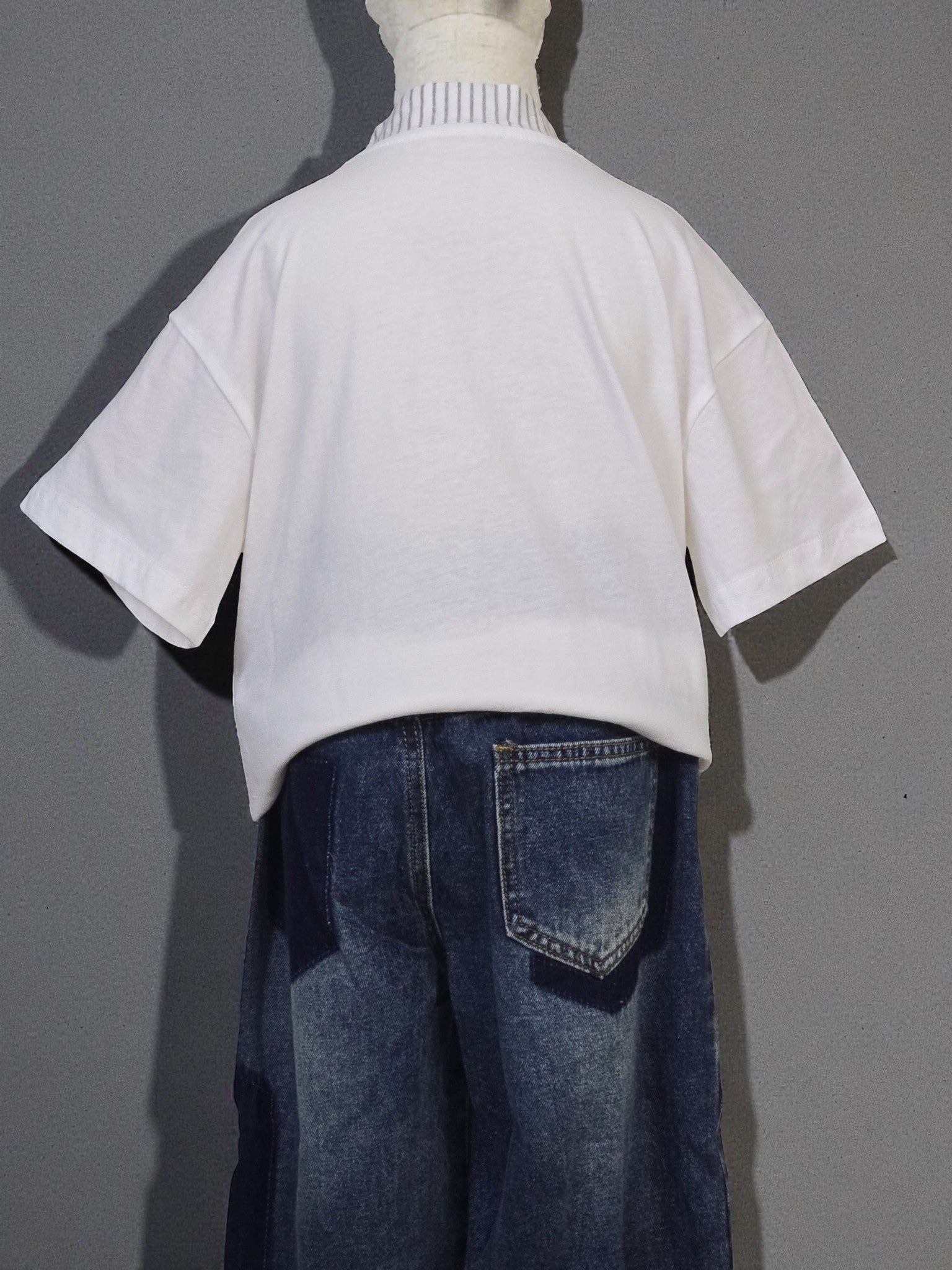 Striped Tie Collar Tee - White Oversized Unisex Top