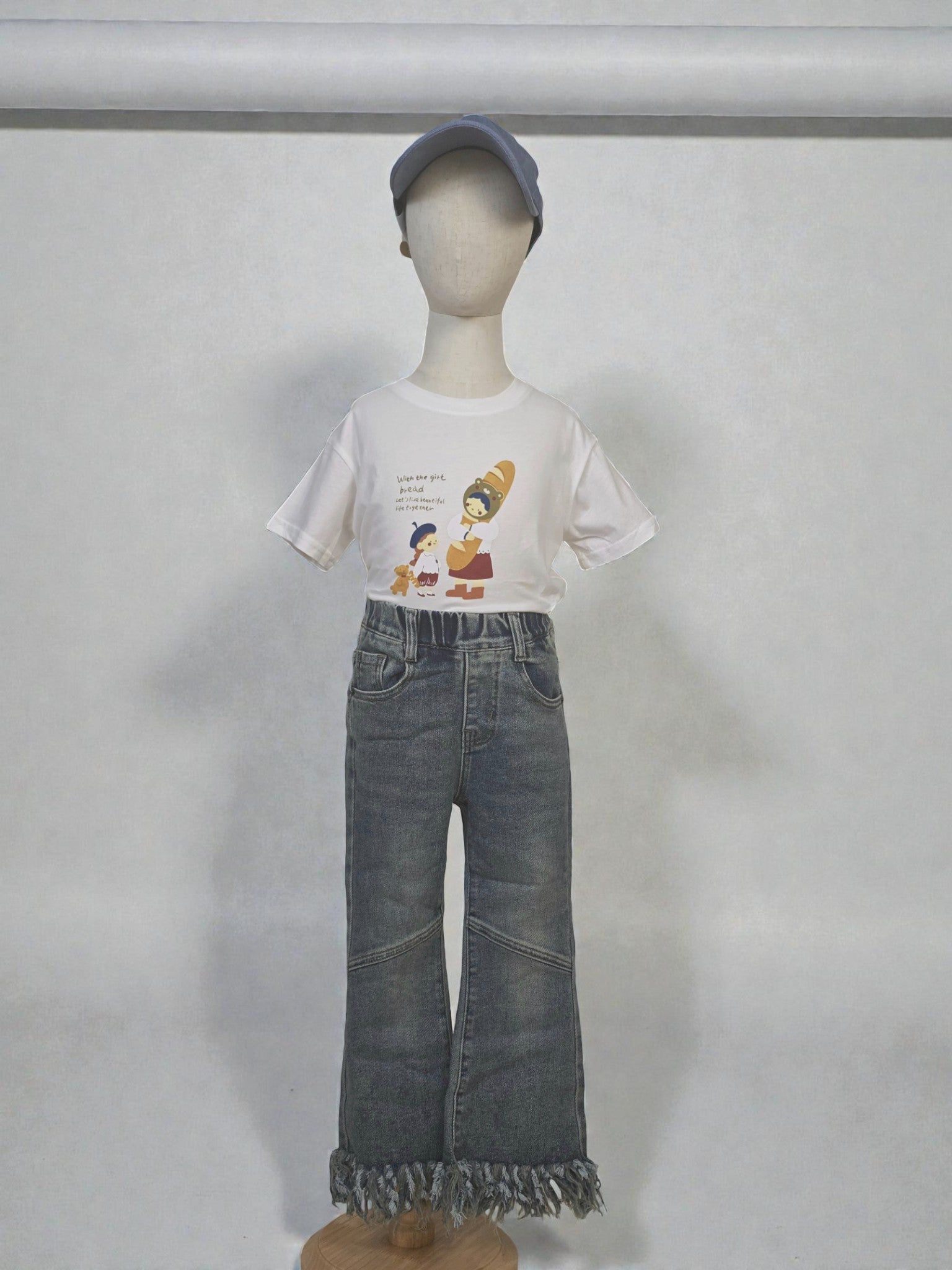 Fringe Hem Washed Denim Pants