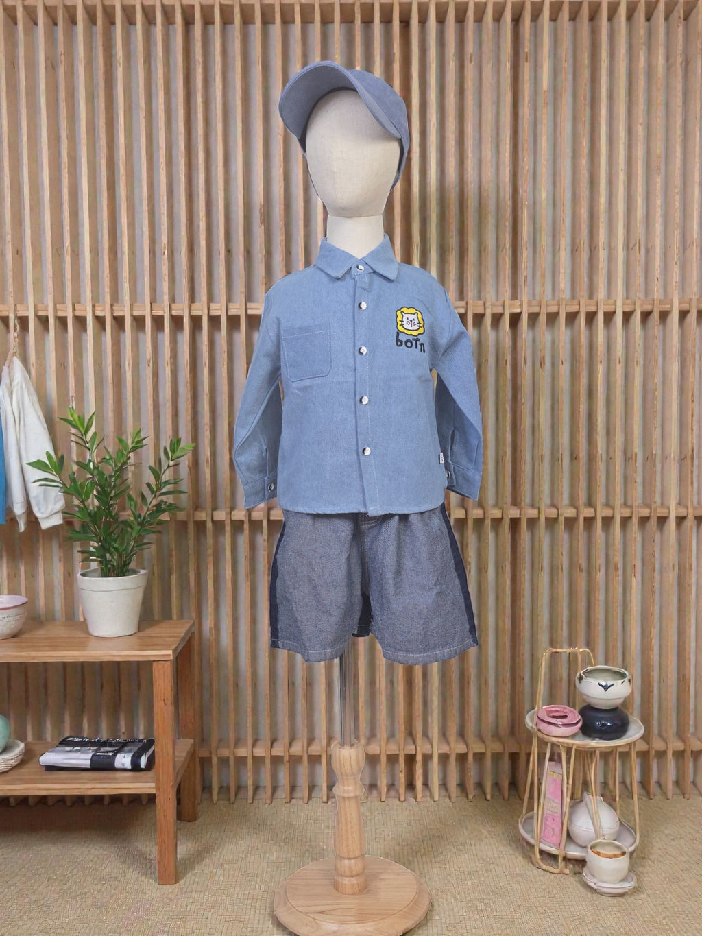 Light Blue Button-Up Cartoon Patch Shirt