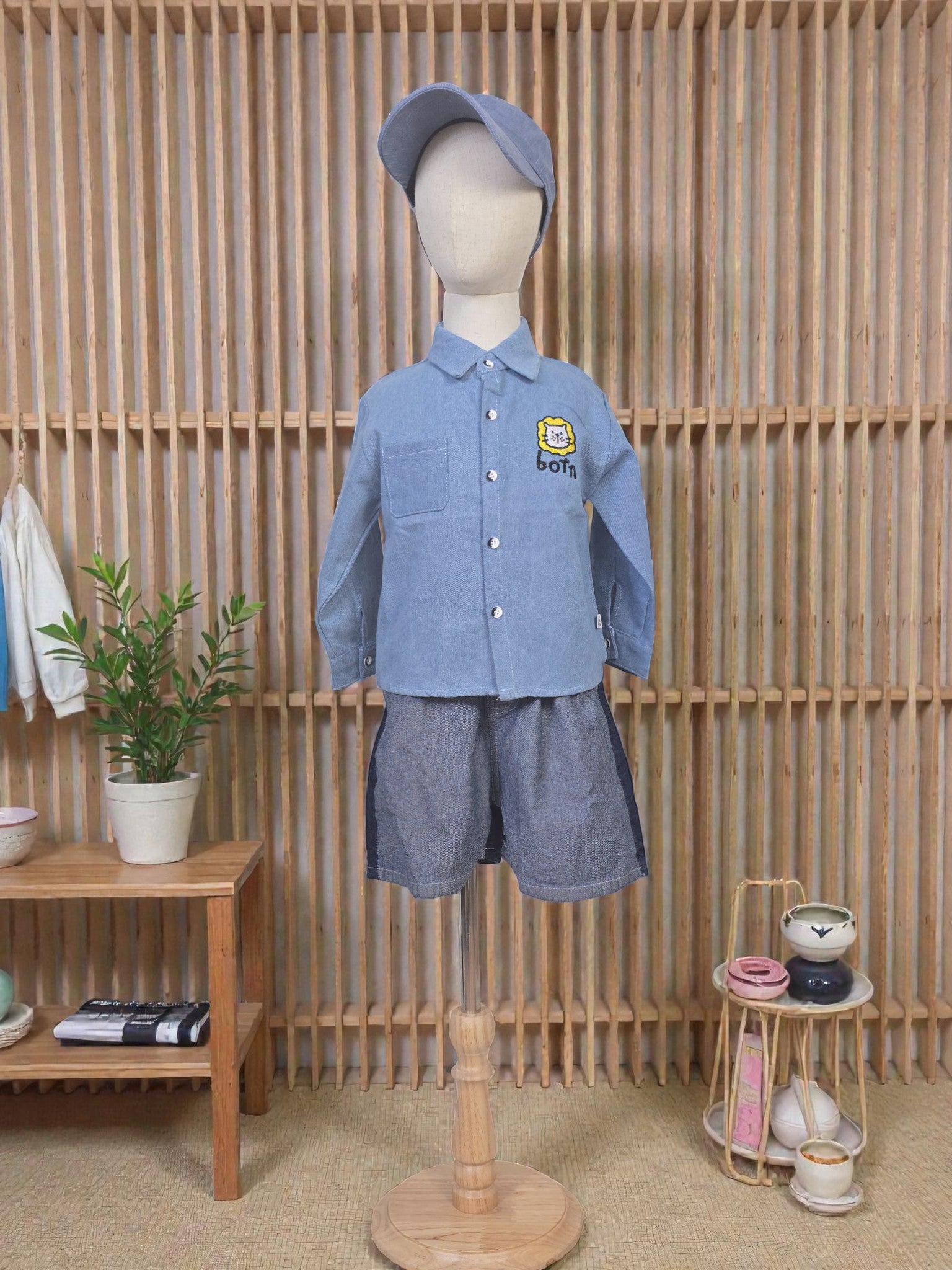 Light Blue Button-Up Cartoon Patch Shirt