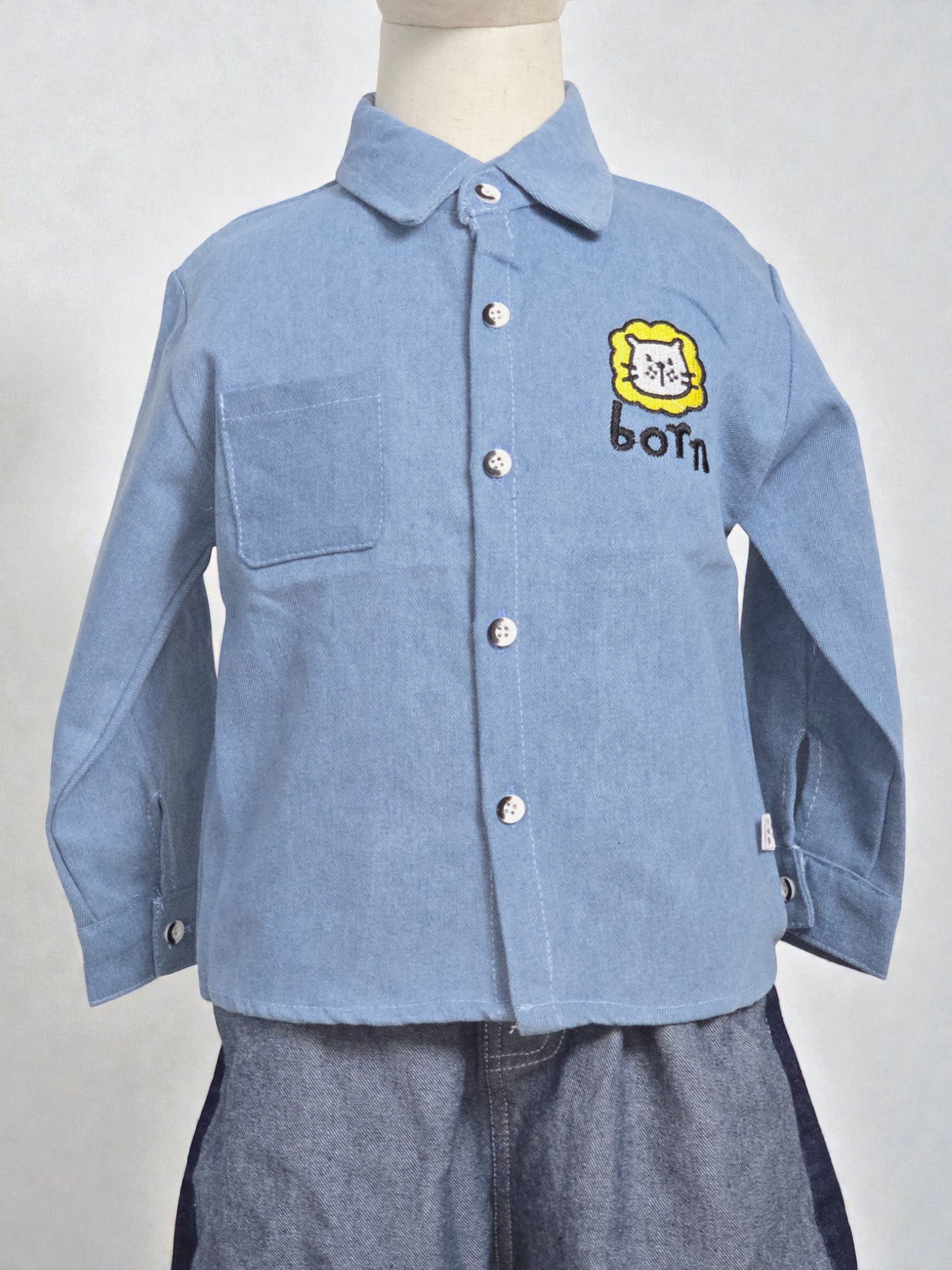 Light Blue Button-Up Cartoon Patch Shirt