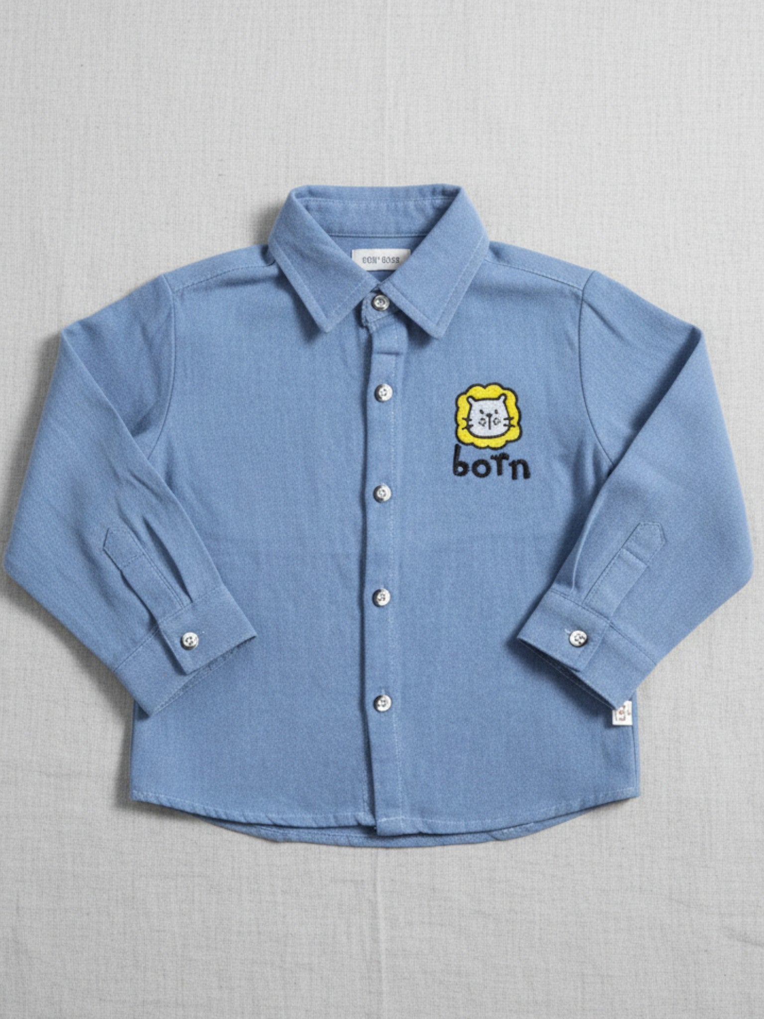 Blue children's button up shirt. cotton. dress shirt. cute