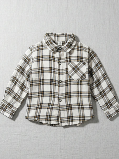 Kids cream and brown plaid long sleeve flannel button-down shirt with a chest pocket 