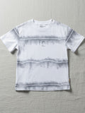 Children's white short-sleeve t-shirt featuring three horizontal gray watercolor-effect stripes and a minimalist "in" graphic on the chest.