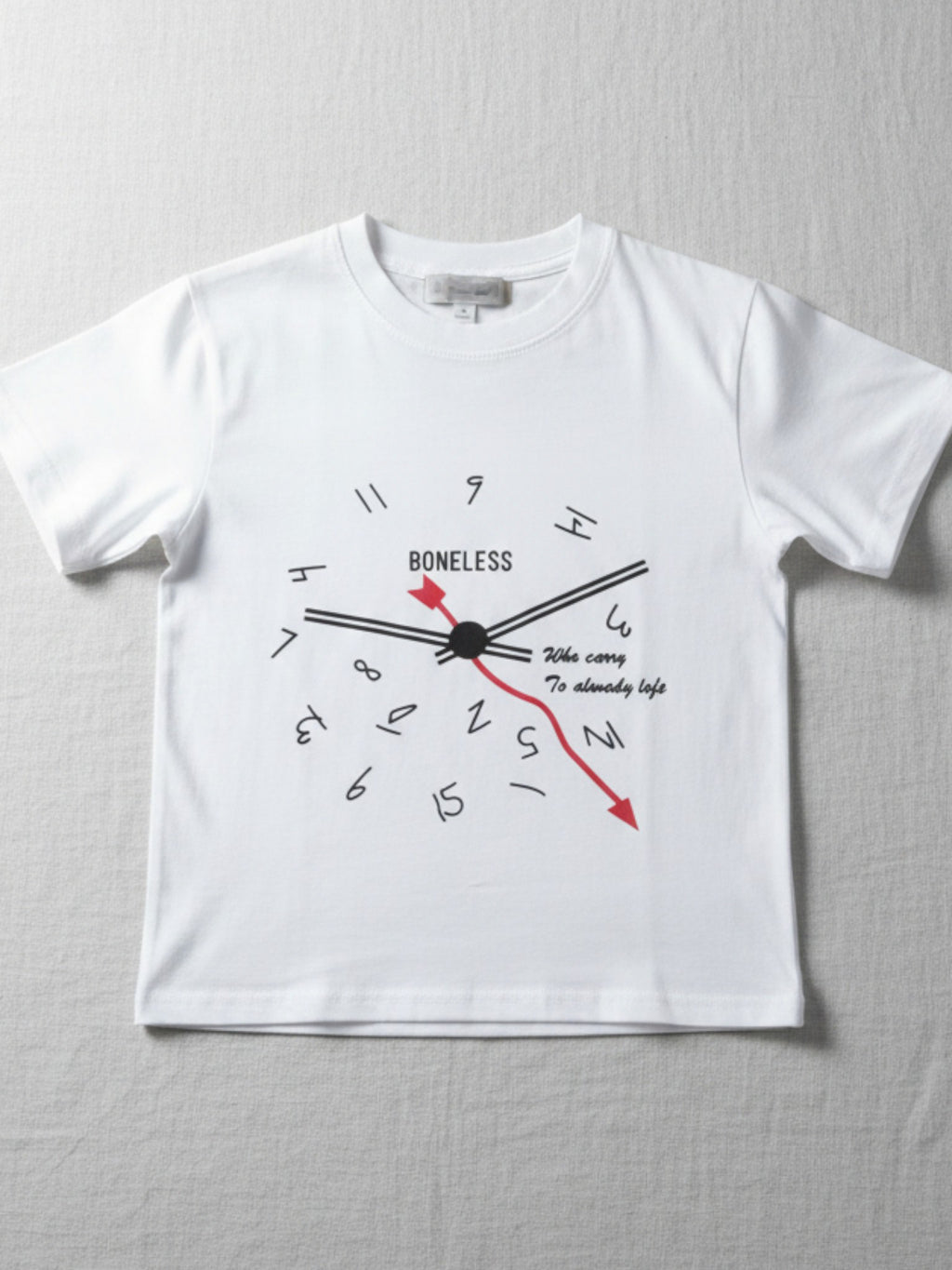 Children's white short-sleeve t-shirt featuring a central minimalist black clock face graphic with a red second hand and "BONELESS" text.