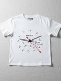 Children's white short-sleeve t-shirt featuring a central minimalist black clock face graphic with a red second hand and "BONELESS" text.