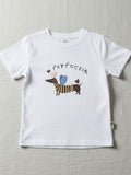 Children's white short-sleeve t-shirt featuring a central illustration of a dachshund wearing a striped sweater and blue wings with the text "perfectsk" above.