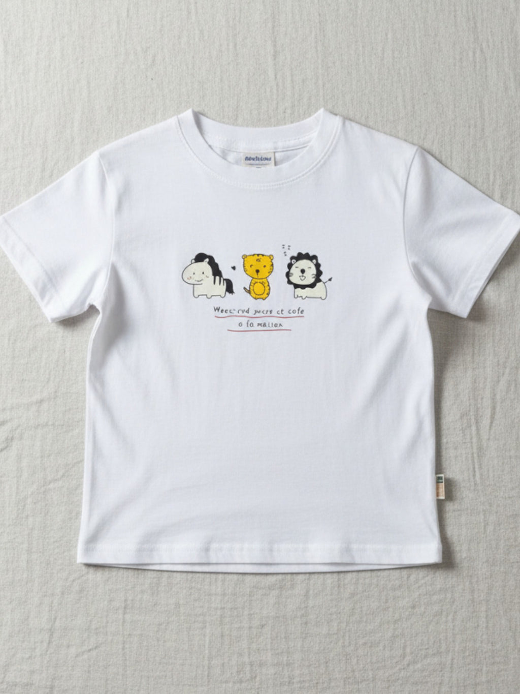 Children's white short-sleeve t-shirt featuring a central horizontal illustration of a zebra-striped horse, a yellow tiger, and a lion with "Weekend" text below.
