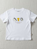 Children's white short-sleeve t-shirt featuring a central horizontal illustration of a zebra-striped horse, a yellow tiger, and a lion with "Weekend" text below.