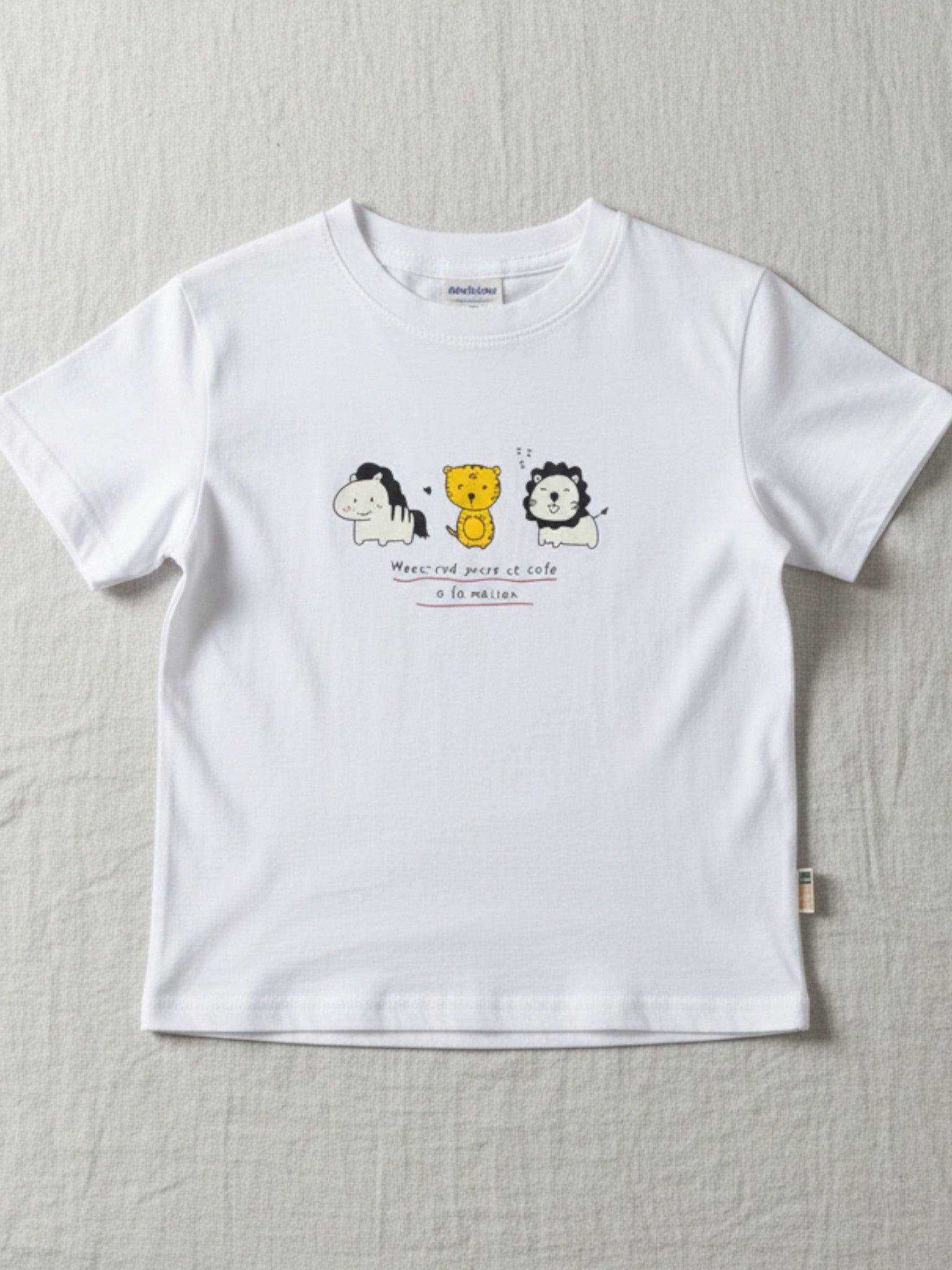 Children's white short-sleeve t-shirt featuring a central horizontal illustration of a zebra-striped horse, a yellow tiger, and a lion with "Weekend" text below.