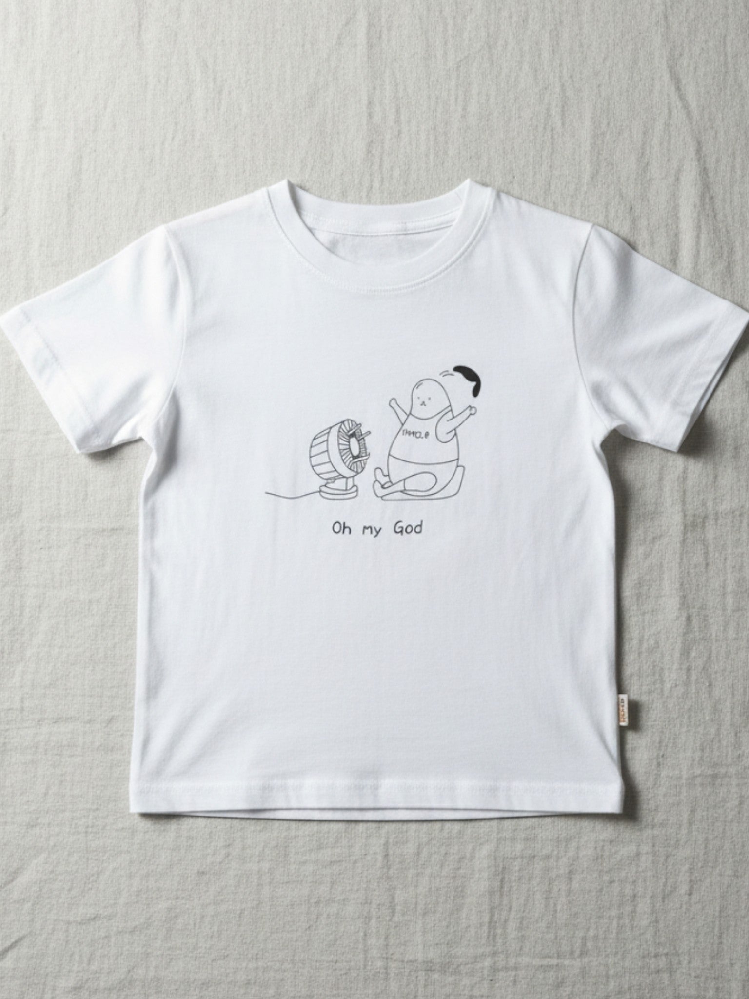 Children's white short-sleeve t-shirt featuring a minimalist black line drawing of a potato character sitting in front of a fan with "Oh my God" text.