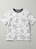 Children's white short-sleeve t-shirt featuring an all-over sketched teddy bear print in charcoal grey with a black contrast crew neck.