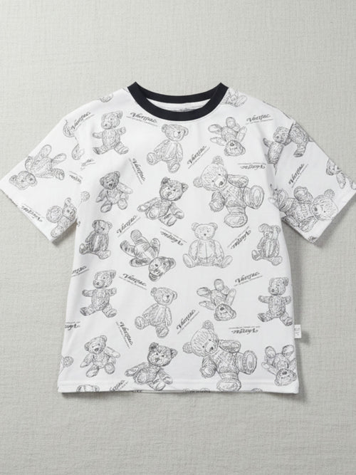 Children's white short-sleeve t-shirt featuring an all-over sketched teddy bear print in charcoal grey with a black contrast crew neck.