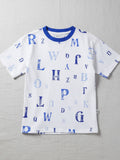 Children's white short-sleeve t-shirt with a blue crew neck, featuring a scattered print of various alphabet letters in shades of blue.