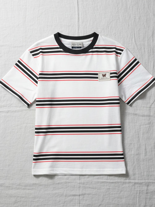 Children's white short-sleeve t-shirt featuring horizontal black and red stripes, a black crew neck collar, and a small "W" patch on the chest.