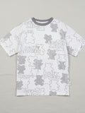 Children's white short-sleeve oversized t-shirt featuring an all-over grey bear silhouette print with "Don't Worry Be Happy" text and a charcoal grey crew neck.