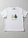 kids cute. White t-shirt with cartoon bear and dragon design on a gray background