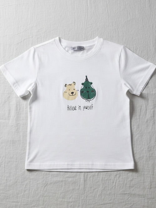 kids cute. White t-shirt with cartoon bear and dragon design on a gray background