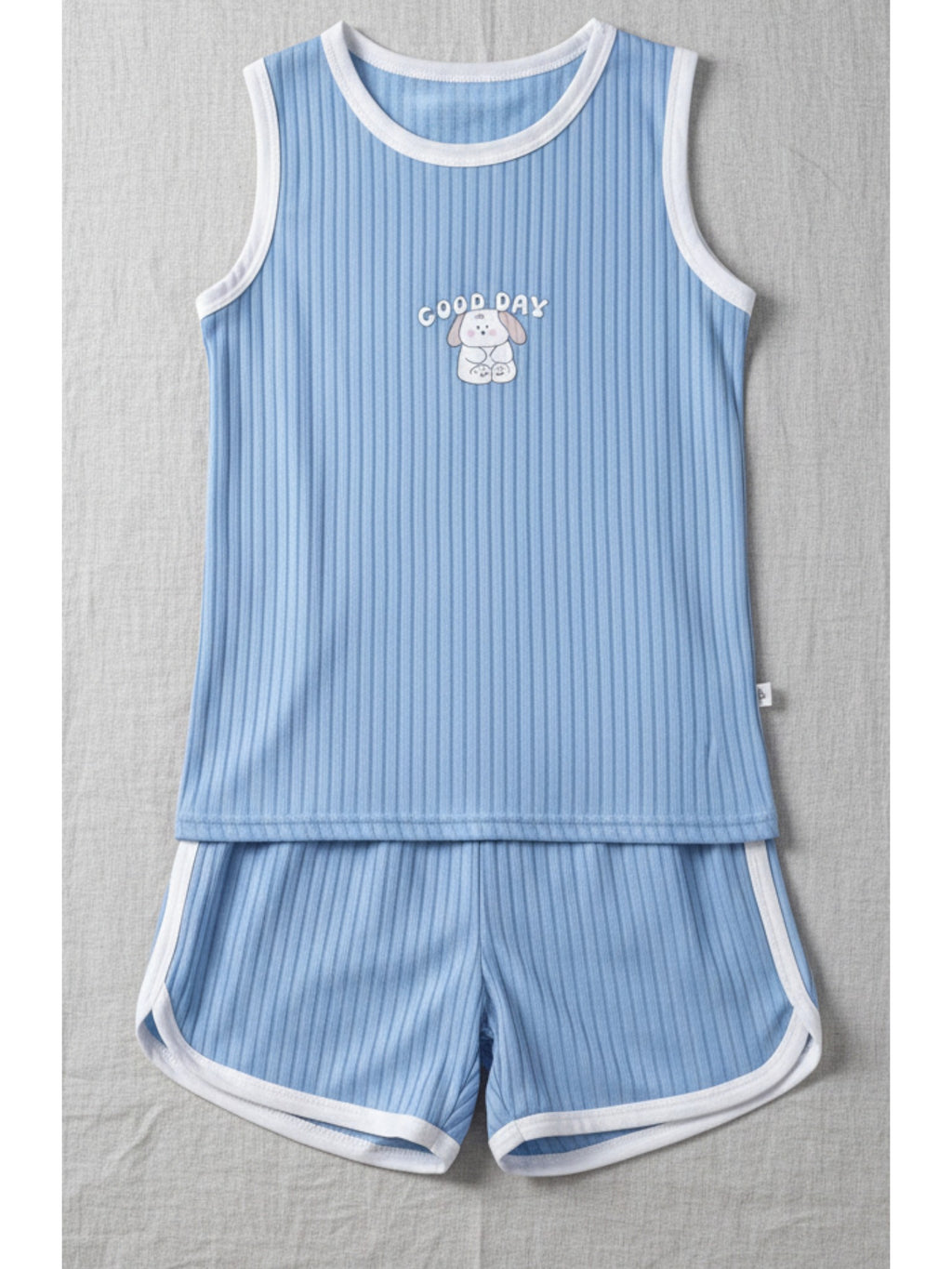 Blue ribbed cotton tank and shorts set kids Good Day puppy print white trim comfortable children's clothing Australia