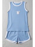 Blue ribbed cotton tank and shorts set kids Good Day puppy print white trim comfortable children's clothing Australia