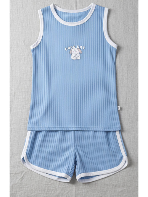 Blue ribbed cotton tank and shorts set kids Good Day puppy print white trim comfortable children's clothing Australia