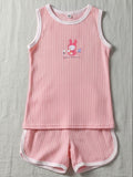 Pink ribbed cotton tank and shorts set for kids with white contrast trim and pink bunny "Record the Beauty" graphic.