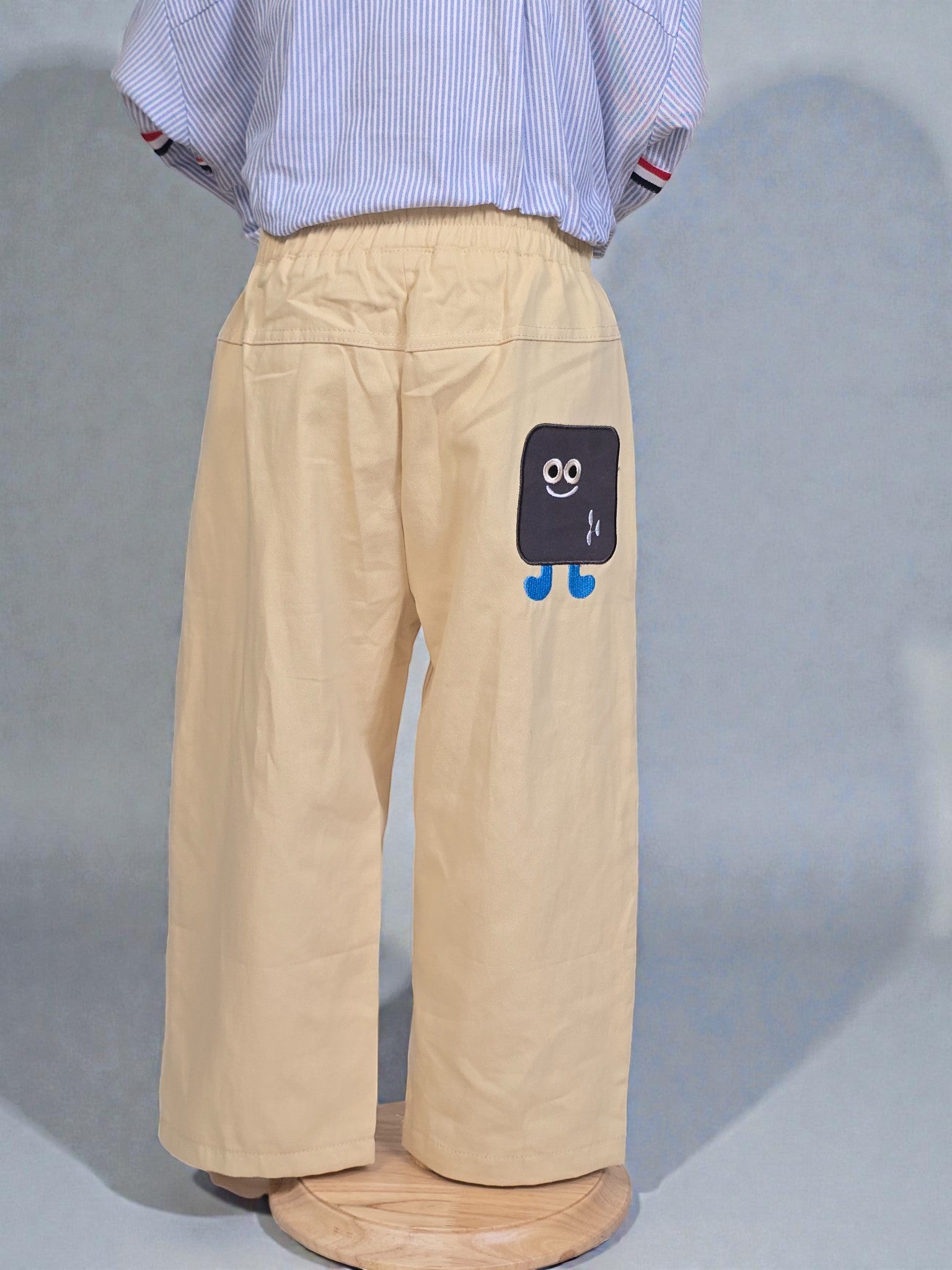 Beige Wide-Leg Cartoon Patch Pants