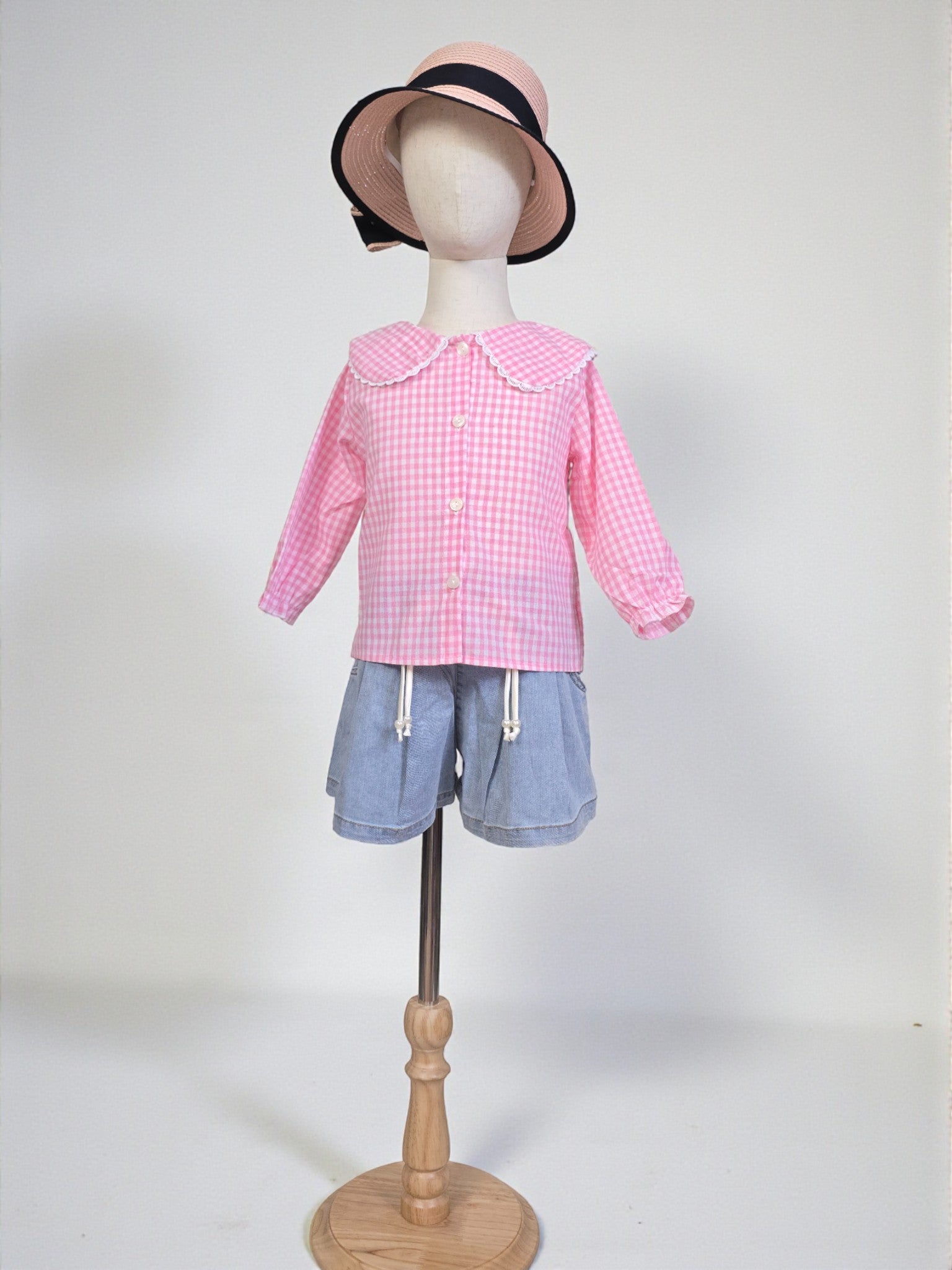 Pink Checkered Long Sleeve Collar Blouse