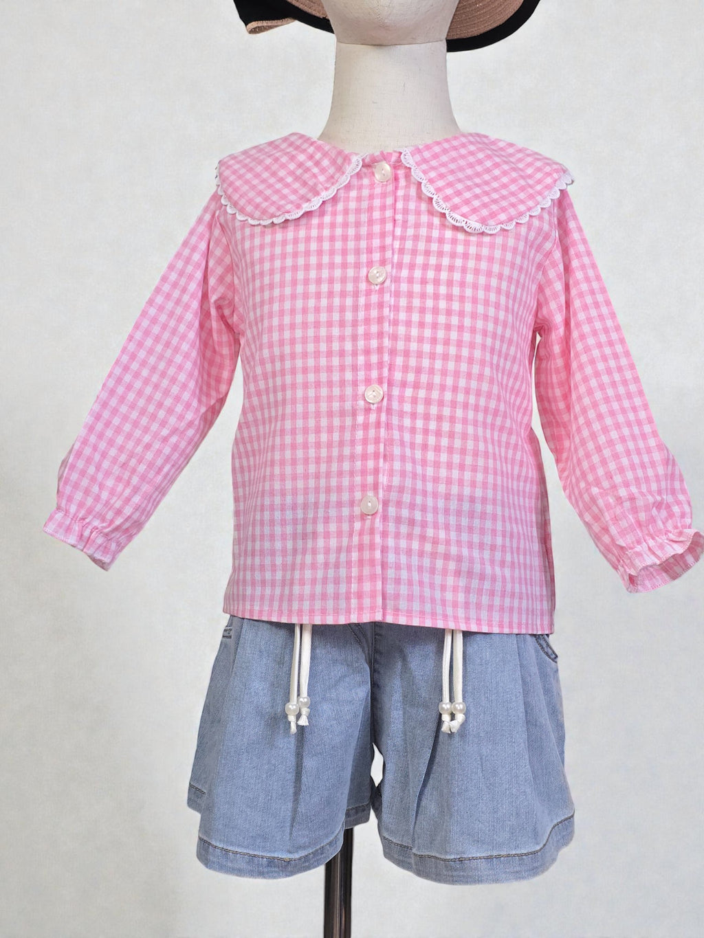 Pink Checkered Long Sleeve Collar Blouse