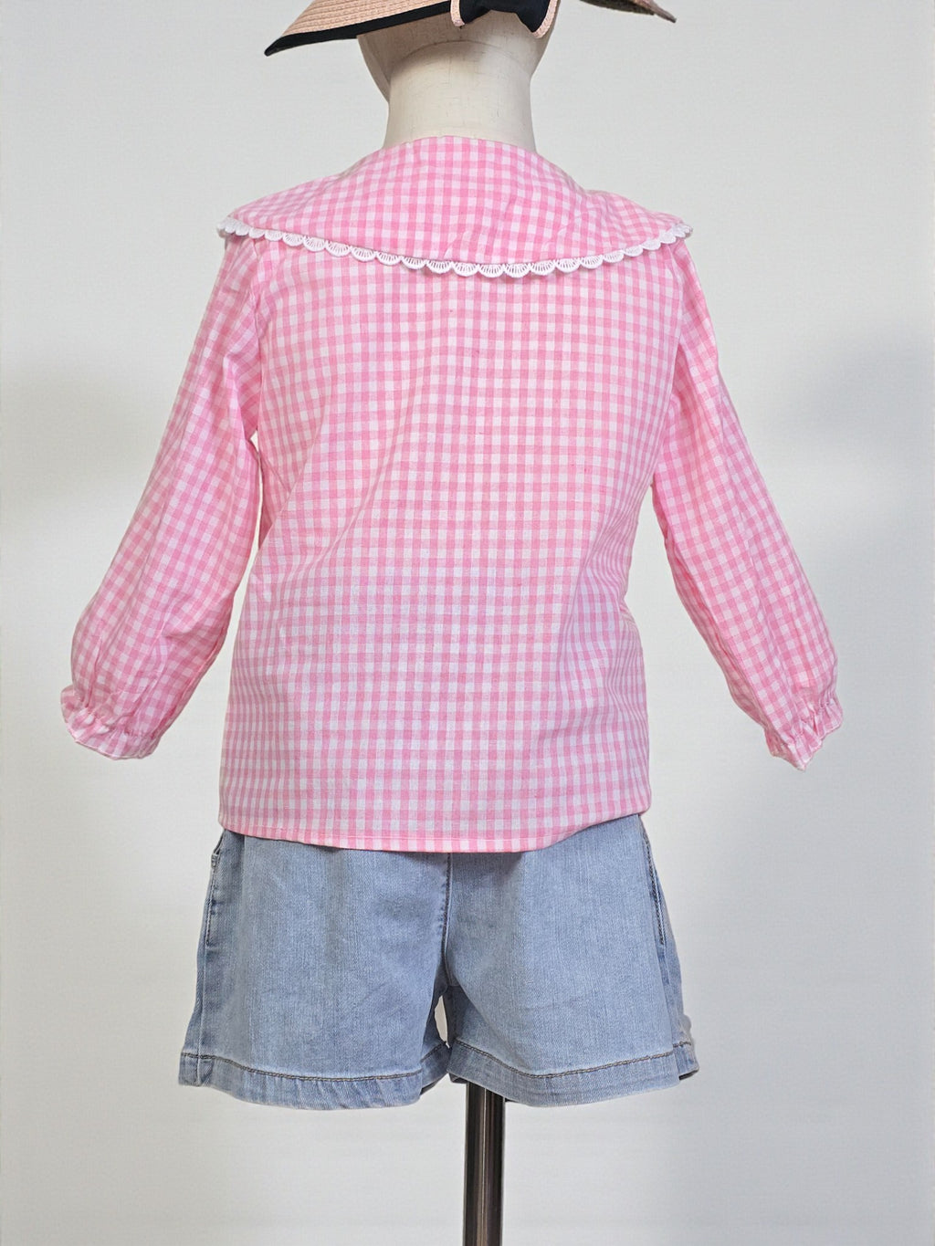 Pink Checkered Long Sleeve Collar Blouse