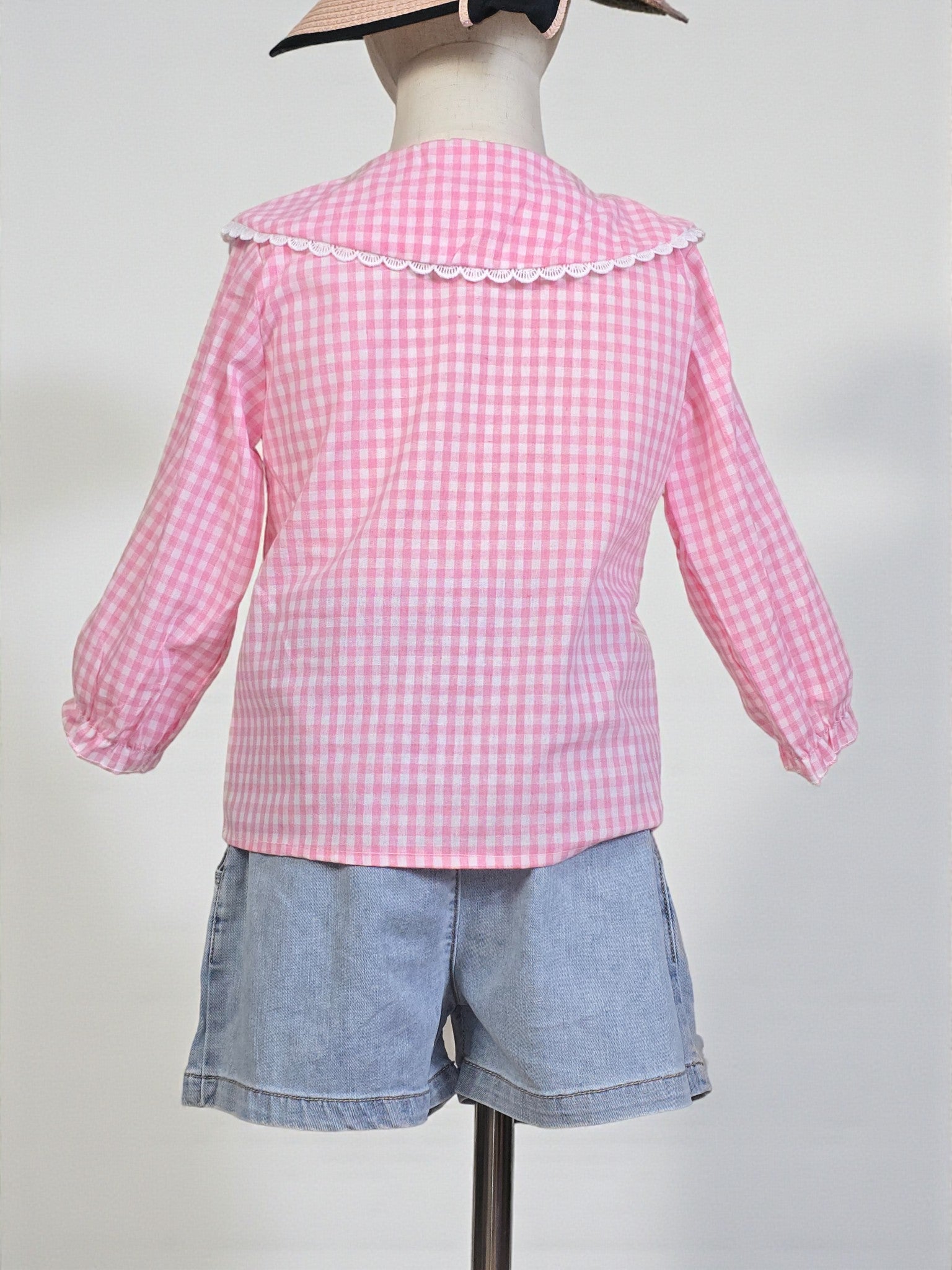 Pink Checkered Long Sleeve Collar Blouse