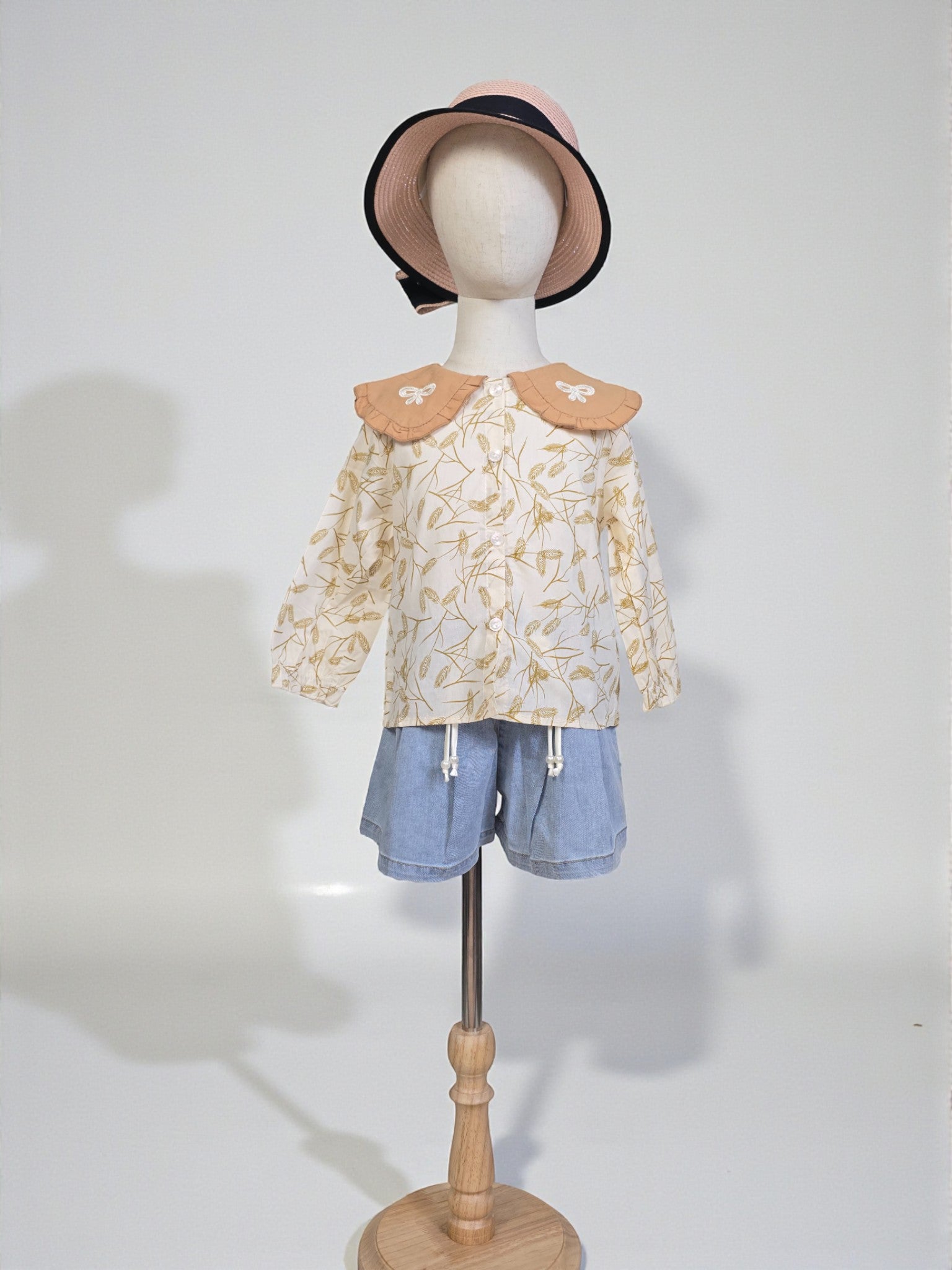 Wheat Print Long Sleeve Collared Blouse