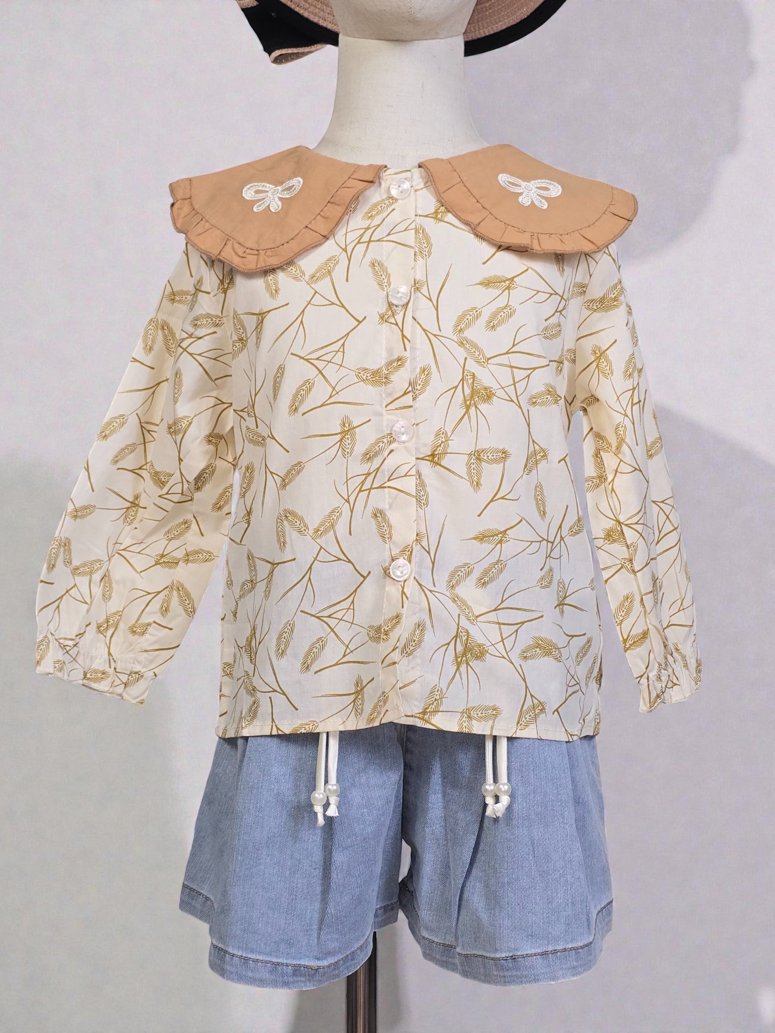 Wheat Print Long Sleeve Collared Blouse