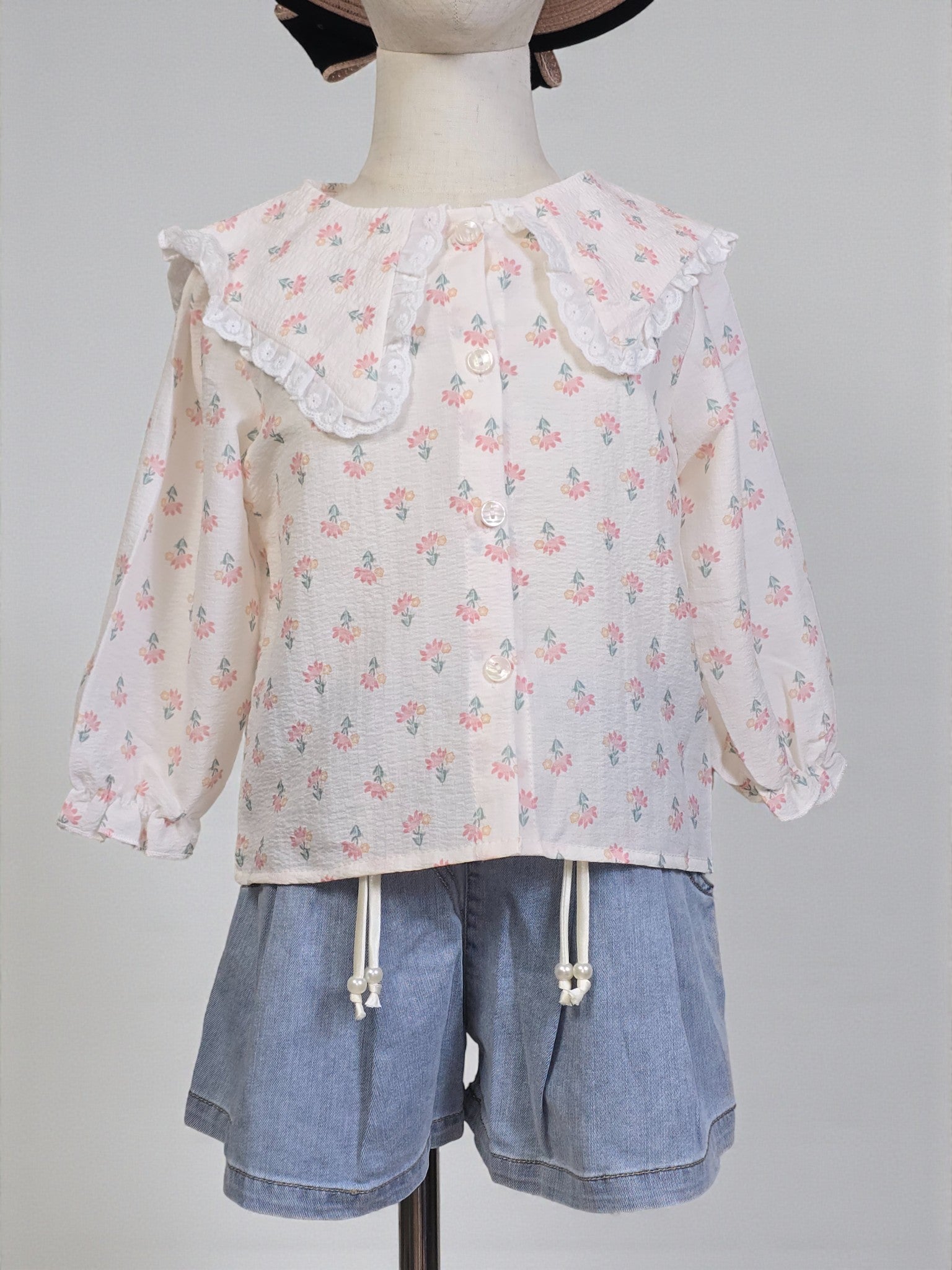 Floral Long Sleeve Blouse with Lace-Trim Collar