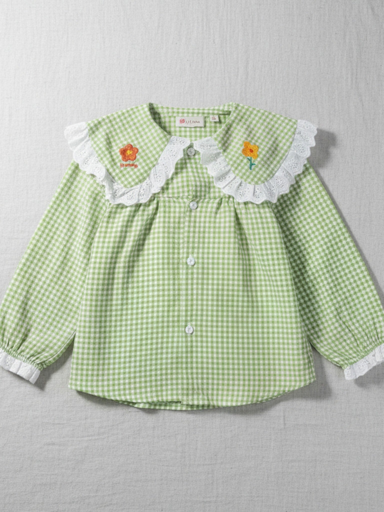Girls' green and white gingham blouse featuring a wide lace-trimmed collar with small floral embroidery and long sleeves