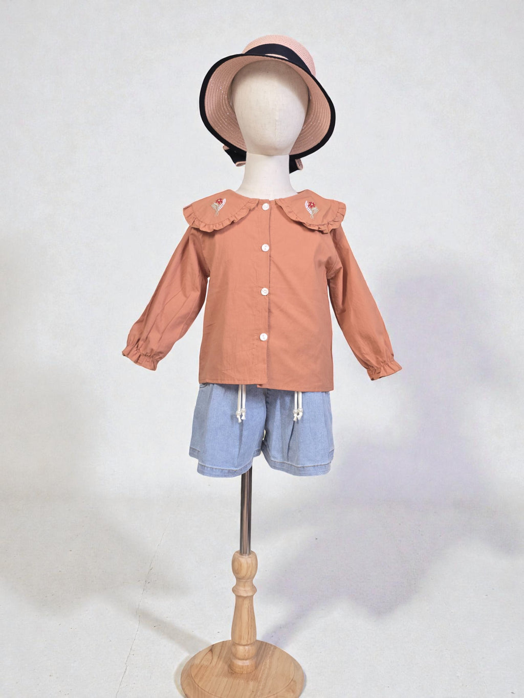 Tan Ruffle-Collar Long Sleeve Blouse