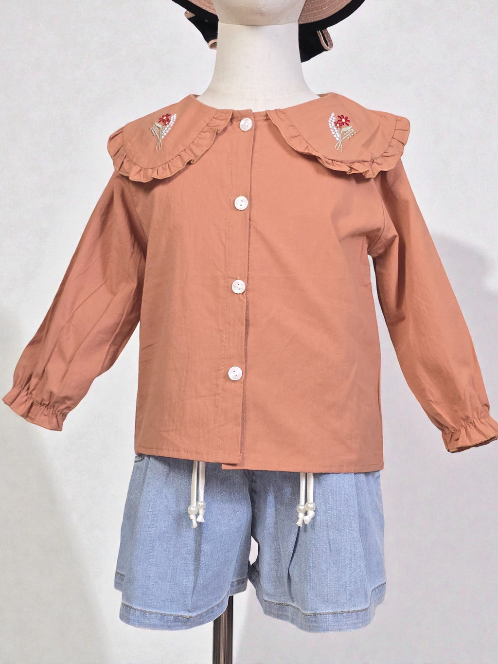 Tan Ruffle-Collar Long Sleeve Blouse