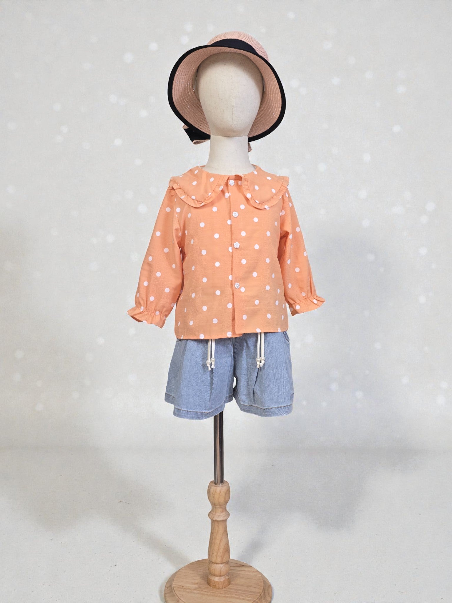 Polka Dot Button-Up Blouse with Frill Collar