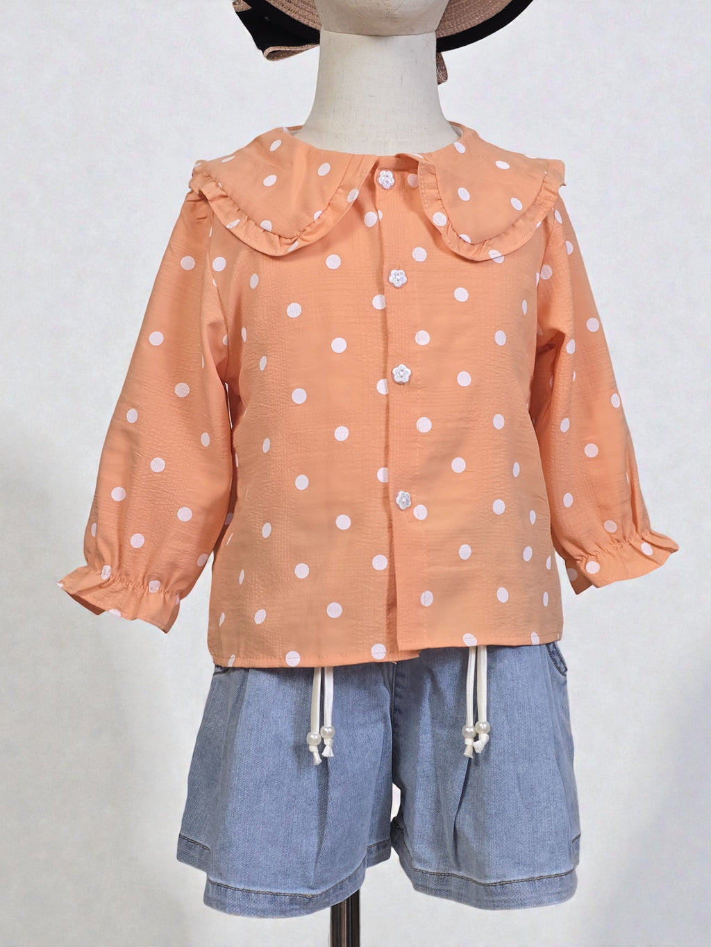Polka Dot Button-Up Blouse with Frill Collar