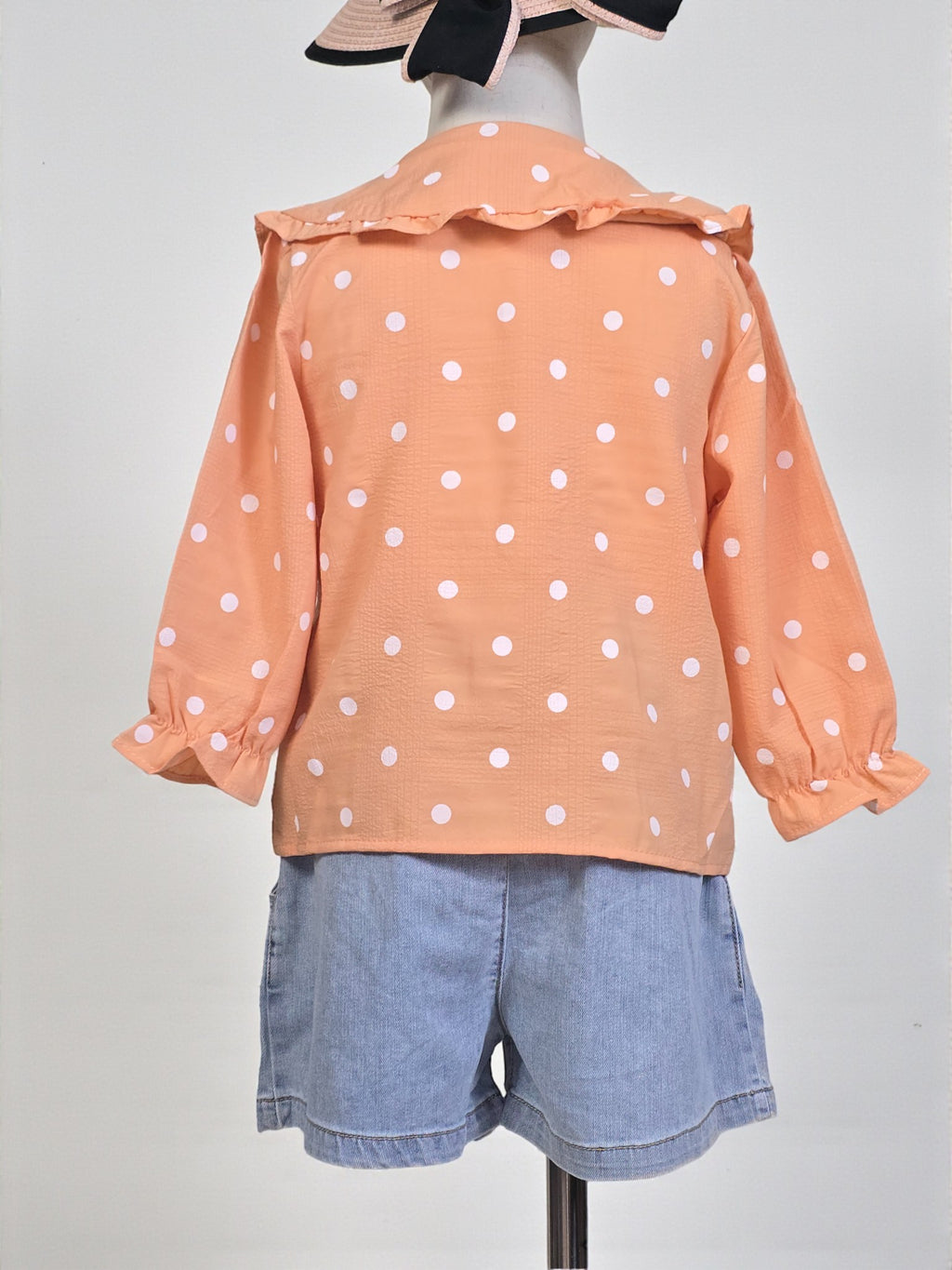 Polka Dot Button-Up Blouse with Frill Collar