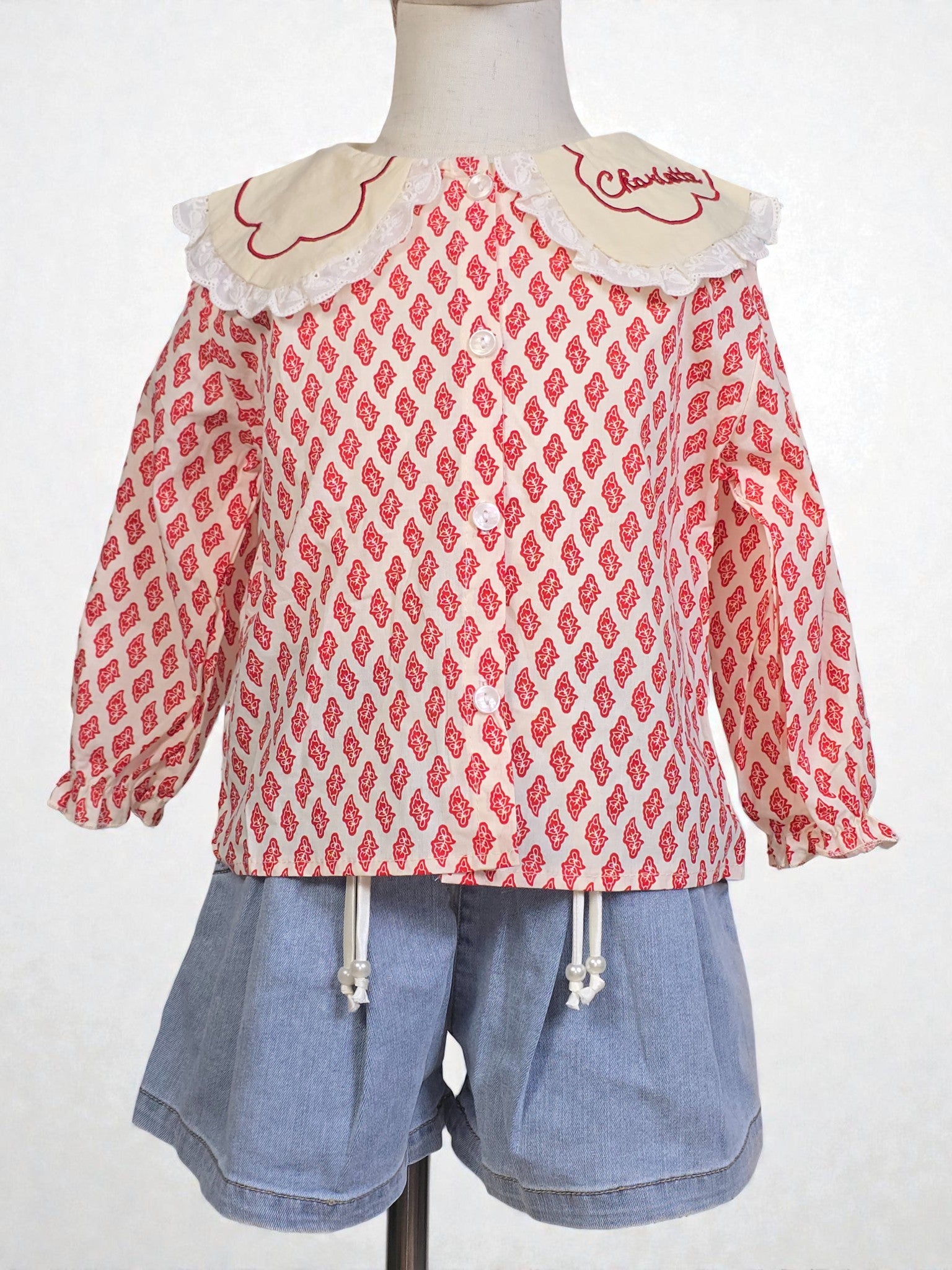 Vintage Red Blossom Printed Long Sleeve Blouse