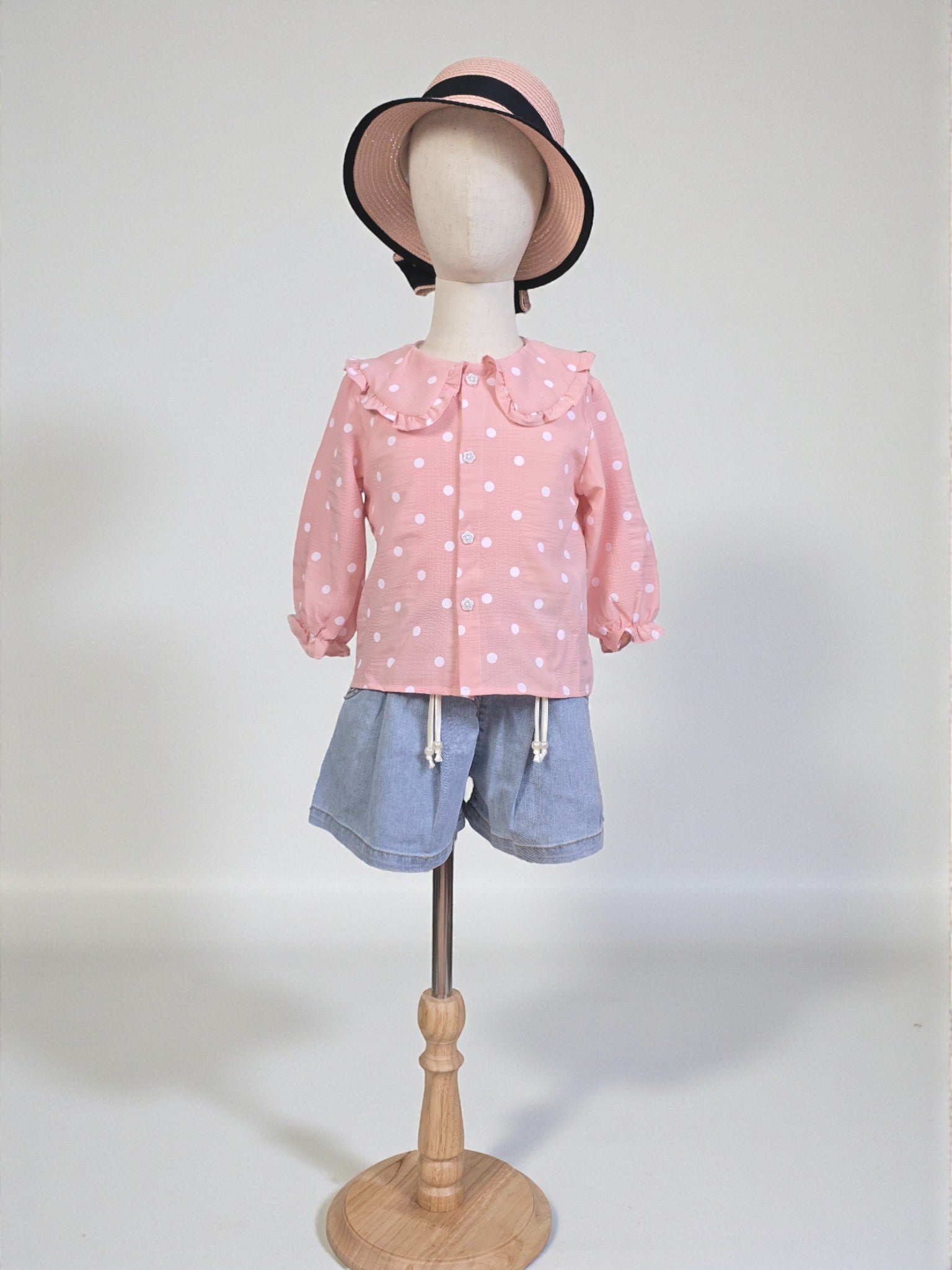 Polka Dot Button-Up Blouse with Frill Collar